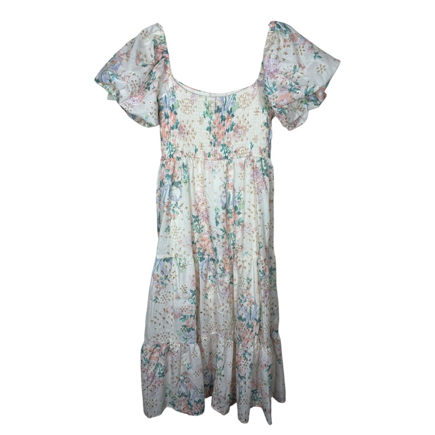 One Loved Babe Tiered Floral Eyelet Midi Dress Cottagecore Size L Romantic Lined — image 2 of 6